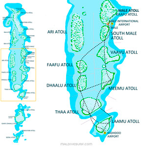 Route map for surftrips in the Central Atolls